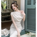 KIylethomasw French Temperament Celebrity Wind Sexy Strapless Oblique Collar Dress Female Spring and Summer Slim Open Package Hip Long Dress