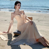 KYLETHOMASW  -  French Summer Beige Sexy Club Spaghetti Strap Long Dress Women V Neck Backless Wrap Hip Pleated Fishtail Evening Dress 2025 Chic