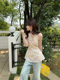 KYLETHOMASW  -  Sweet Floral Hanging Neck V-neck Sleeveless Vest Women Summer 2025 New Style Slimming Waist Trendy Camisole Top