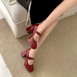 KYLETHOMASW  -  Red Patent Leather Mary Jane Pumps for Women Strap Buckle Chunky High Heels Shoes Woman Platform Pump Burgundy Party 43