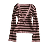 KYLETHOMASW  -  Women's Y2K Striped Deep V-neck Form-fitting Flared Sleeve Autumn/Winter Top Retro Casual 2000s Punk Sweet Cool Pullover Shirt