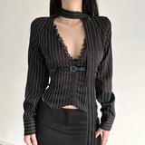 KYLETHOMASW  -  Elegant Striped Shirts Women Y2K Fashion Sexy Cropped Lace V Neck Blouses Office Ladies Korean Long Sleeve Design Tops New
