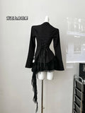 KYLETHOMASW  -  Autunm Dark Gothic Style Waist Cinched Slim Back Tie Long Sleeve Shirt  A-line Lace Cake Skirts Set Two Piece Sets Women Outfits