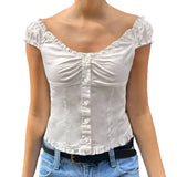 KYLETHOMASW  -  Gentle style V-neck mushroom edge bubble sleeve shirt BM foreign trade new style breasted waist tight short sleeved top