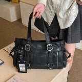 KYLETHOMASW  -  Y2k Faux Leather Tote Handbag Multi Buckle Rivet Shoulder Bag Large Capacity Casual Ladies Crossbody Bag Daily Travel Work Purse