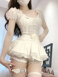 KYLETHOMASW  -  Sexy Set Women's Summer Puff Sleeve Square Collar Slim Top High Waist A-line Short Skirt Two-piece Set Female Clothes