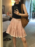 KYLETHOMASW  -  Versatile Summer Pink A-Line Skirt Women High Waist Party Flared Mini Skirt Casual White Lace Trim Boho Skirt 279A