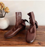 KYLETHOMASW  -  Autumn Winter Soft Leather Lace-up Women Ankle Boots Comfortable Flats Short Booties Fashion Bowknot Chelsea Boots Shoes Botas