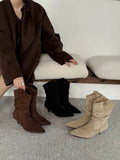 KYLETHOMASW  -  High Quality Faux Suede Kitten Heel Ankle Boots Women Fashion Pointed Toe Sewing Pleated Designer Boots Comfortable Modern Boots