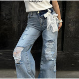 KYLETHOMASW  -  Y2k Bow Lace Ripped Holes Woman's Denim Pants Baggy Wide Leg Jeans Dragging Hollow Out Fashion Chic Casual High Street Pants