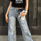 KYLETHOMASW  -  Y2k Bow Lace Ripped Holes Woman's Denim Pants Baggy Wide Leg Jeans Dragging Hollow Out Fashion Chic Casual High Street Pants