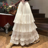 KYLETHOMASW  -  Long Skirts Mesh Ruffles Solid A-line Spring Summer Sweet Women Skirt Elegant Vintage High Waist Faldas Mujer