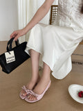 KYLETHOMASW  -  Women White Bowknot Slingback Sandals Summer Square Open Toe Low Heel PU Leather Elegant Casual Office Ladies Shoes