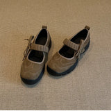 KYLETHOMASW  -  Matte Leather Mary Jane Sports Casual Shoes Women Thick Bottom Strap Brown Simple Laced Low Cut Single Shoes Leisure Footwear