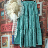 KYLETHOMASW  -  Vintage Sweet Kawaii Mori Girl Style Plaid Long Skirt Women Spring Summer High Waist A-Line Ruffled Loose Aesthetic Maxi Skirt