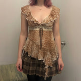 KYLETHOMASW  -  Sexy Flirty Deer Print Ruffled V-Neck T-Shirt with Asymmetrical Hem Women's Top
