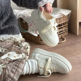 KYLETHOMASW  -  Cute Women Pink‑White Platform Sneakers Bear Embroidery Lace‑Up Round Toe Thick‑Sole Sweet Style Casual Daily Board Shoes