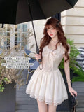 KYLETHOMASW  -  Summer French Elegant Sweet Princess Dress Women's Short-sleeve Round Neck Lace Bow Mini Party Dress Chic Fashionable Clothing