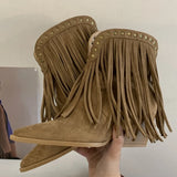 KYLETHOMASW  -  Sexy Pointed Toe Suede Women's Ankle Boots Rivet Tassel Design Chunky Heel Short Boots Retro Square Root Winter Shoe for Ladies