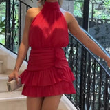 Kylethomasw Women Sexy O-neck Slim Draped Party Dress 2024 Spring Elegant High Waist Ruffle Mini Dress Summer Sleeveless Solid Bodycon Dress