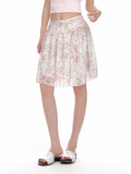 KYLETHOMASW  -  Sweet Pink Floral Print Chiffon Mini Skirt | High Waist Ribbon Tie Ruffle A-Line Skirt | Y2K Kawaii Summer Skirt for Women Lady