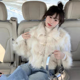 KYLETHOMASW  -  Sweet Hot Girl Horn Button Faux Fur Coat Women's Winter Loose Turn-down Collar Long-sleeved Short Jacket Fashion Female Clothes