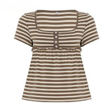 KYLETHOMASW  -  American Daily Striped Contrasting Square Neck Short Sleeved T-shirt Sexy Spicy Girl A-list Casual Basic Versatile Tops