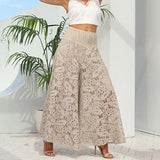 Kylethomasw -  Spring Jacquard Liner Pants Female High Waist Wide-leg One Piece Trousers Elegant Hollow Lace-Mesh Patchwork Long Pant