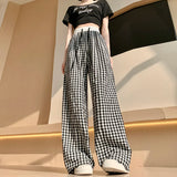 Kylethomasw Thin High Waisted Women's Checkered Black and White Wide Leg Pants, Casual Elastic Floor Length Pants, Retro Loose and Versatile