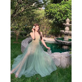 KYLETHOMASW  -  Stunning Green Mesh Suspender Dress For Women New Summer 2024 Temperament Style Fashion Party Dresses Elegant Long Evening Dress