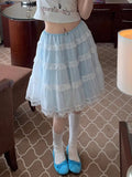 KYLETHOMASW  -  Lace Tiered Skirt Women Light Blue Sheer Chiffon Cake Dress Summer Boho Elegant Midi Skirt Beach Vacation Outfit Hot Sale