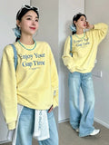 KYLETHOMASW  -  Women Yellow O Neck Long Sleeve Sweatshirt Loose Lazy Casual Classic Simple Top Vintage American Streetwear Harajuku Y2K Hoodie