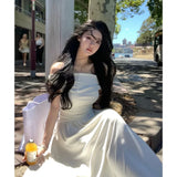 KYLETHOMASW  -  Casual White Solid Long Dresses Fairycore Slash Neck Inclined Shoulder Vestidos Summer Lace-up Ruched Trumpet Womens Dress