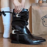 KYLETHOMASW  -  New Round Toe Square Heel Sexy Elegant Mid-calf Boots Fashionable Pin Buckle Decoration Solid Color Simple Casual Women's Shoes