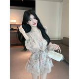 KYLETHOMASW  -  Beautiful Long-sleeved Floral Chiffon V-neck Shirt Dress for Women to Slim Down the Waist