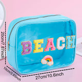 Kylethomasw Women Large Capacity Waterproof Chenille Patches Clear PVC SWIM STUFF Makeup Bag Cosmetic Zipper Pouch Beach Travel Toiletry