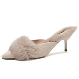 KYLETHOMASW  -  New Autumn Winter Fluffy Mules Slippers Women Pointed Toe Pumps Warm High Heels Slides Women Plush Thin Heels Slippers Female