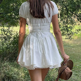 KYLETHOMASW  -  Sweet Women Ruched Chest Fish bow Waist Corset Style Dress Short Sleeve Cross Bandage Lacing up Back Bodycon Mini Party Robe