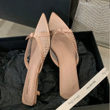 KYLETHOMASW  -  Fashion Pointed Toe Footwear Ladies Heeled Slippers Female Slides Shoes Luxury Rhinestones Women Low Heel Slippers Sandals Shoes