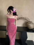 KYLETHOMASW  -  Rose Red Hollow Lace Suspender Dress for Women in Summer Sexy Waist-hugging Skirt