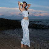 KYLETHOMASW  -  Women's Two Piece Set Strapless Tie Dye Crop Top and High Waist Maxi Skirt Set Boho Beach Vacation Outfit