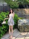 KYLETHOMASW  -  2024 Summer New Women's Gray High Waist Vacation Backless Slip Mini Dress Sexy Club Sleeveless Pleated Short Dress Fashion Trend