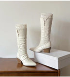 KYLETHOMASW  -  Autumn Winter Fashion Pleated Design Women Knee-High Boots Vintage Faux Suede Lace High heels Western Cowboy Long Booties Shoes