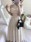 KYLETHOMASW  -  Japanese Kawaii Sweet Halter Neck Off Shoulder Floral Print Chiffon Lace Ruffle Bow Maxi Dress For Women Girls Daily Party Wear