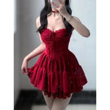 KYLETHOMASW  -  Red Lace Patchwork Design Strappy Dress Women New Summer Korean Style Fashion Evening Party Outfits Y2k Causal Dresses 2026 New
