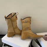 KYLETHOMASW  -  Yellow Cowboy Boots Women Lace Up Belt Buckle Block Heels Mid-calf Western Boots Autumn Vintage Designer Shoes Black Botas Mujer