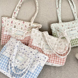 KYLETHOMASW  -  Kawaii Floral Bear Quilted Tote Bag Plaid Splicing Lace Decor Shoulder Bag Cartoon Large Capacity Women Casual School Handbag