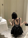 KYLETHOMASW  -  Korean Elegant Romantic Pearl Chain Backless Lace up Princess Mini Dresses Sweet A Line Dress Birthday Evening Party Clothes