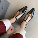 KYLETHOMASW  -  New Retro Women's Mary Jane Leather Buckle Thick Heel Square Toe Women's Metal Flower Women's Shoes 34-40