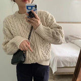 KYLETHOMASW  -  Women Thick Twisted Sweater Autumn Long Sleeve O-neck Female Vintage Knitted Pullover Solid Casual Loose Lady Kintwear Tops T587
